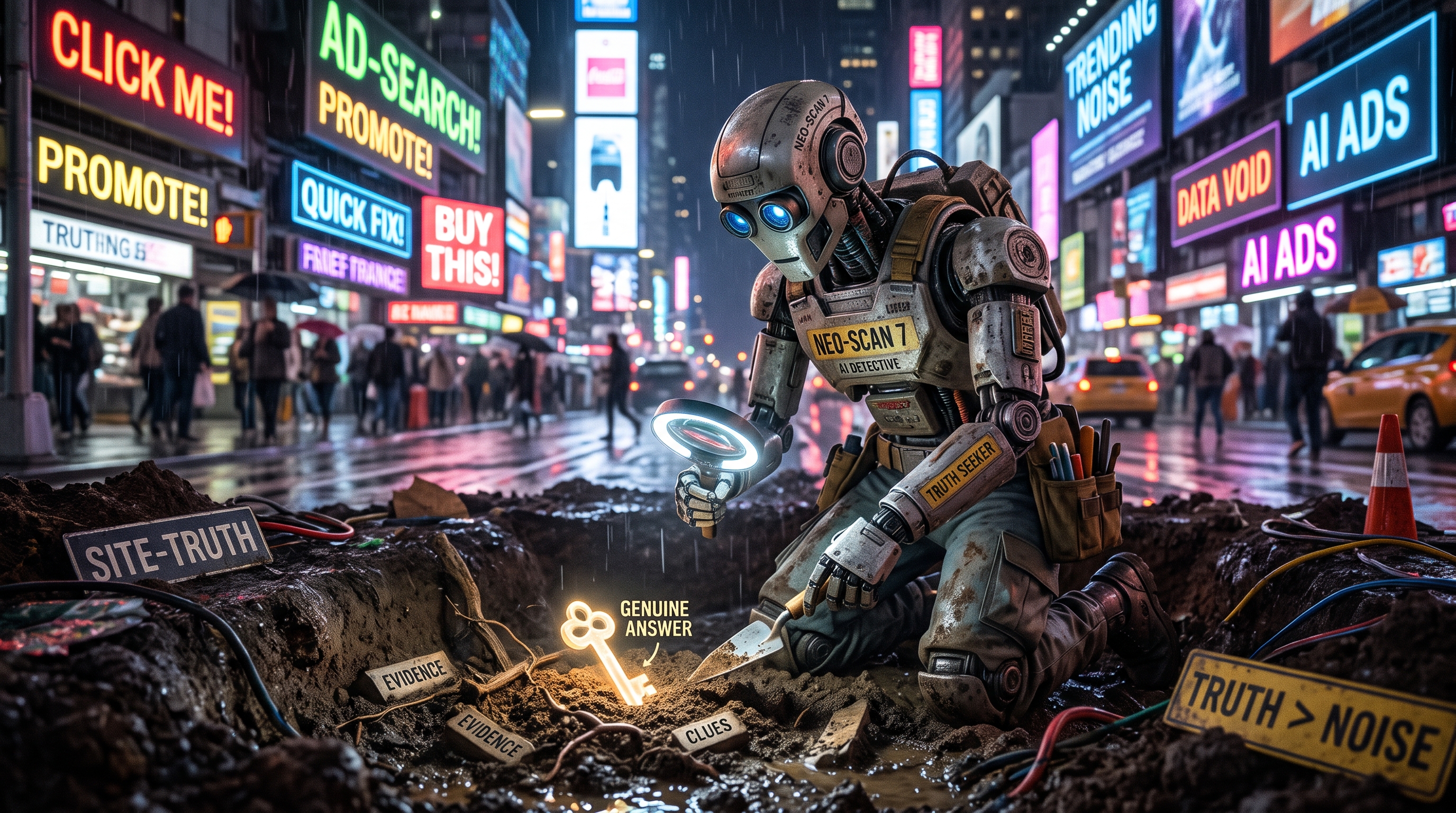 A robot detective digging past flashing ad billboards to find a genuine answer