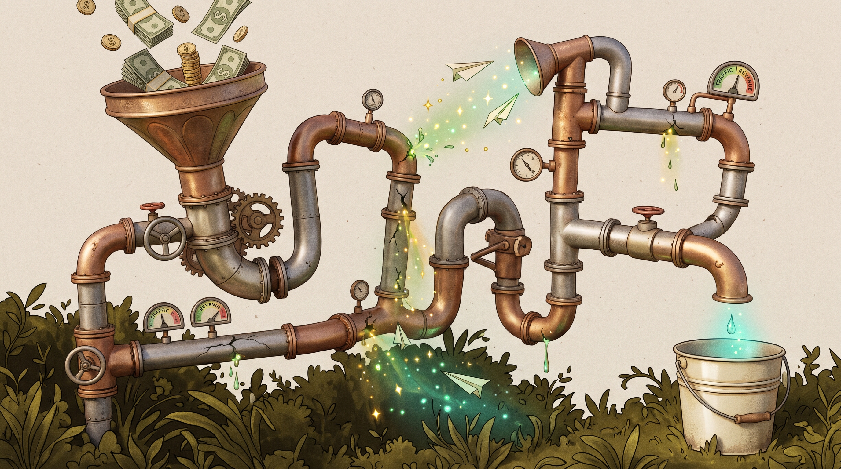 Leaking pipes carrying marketing money, with only a trickle reaching the bucket