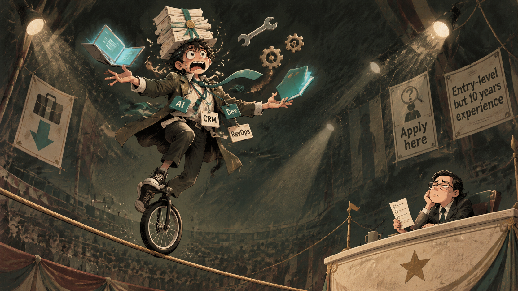 A juggler on a unicycle crossing a tightrope while a bored recruiter watches