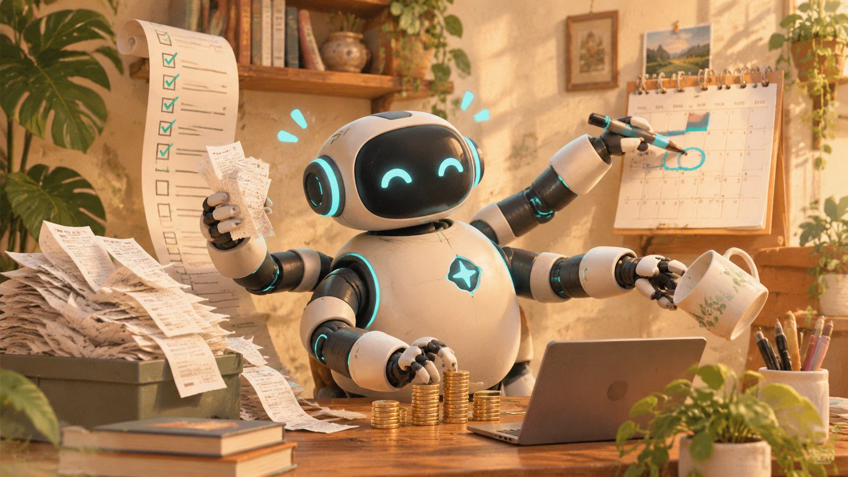 A friendly robot sorting receipts, stacking coins and marking a calendar at a sunny desk