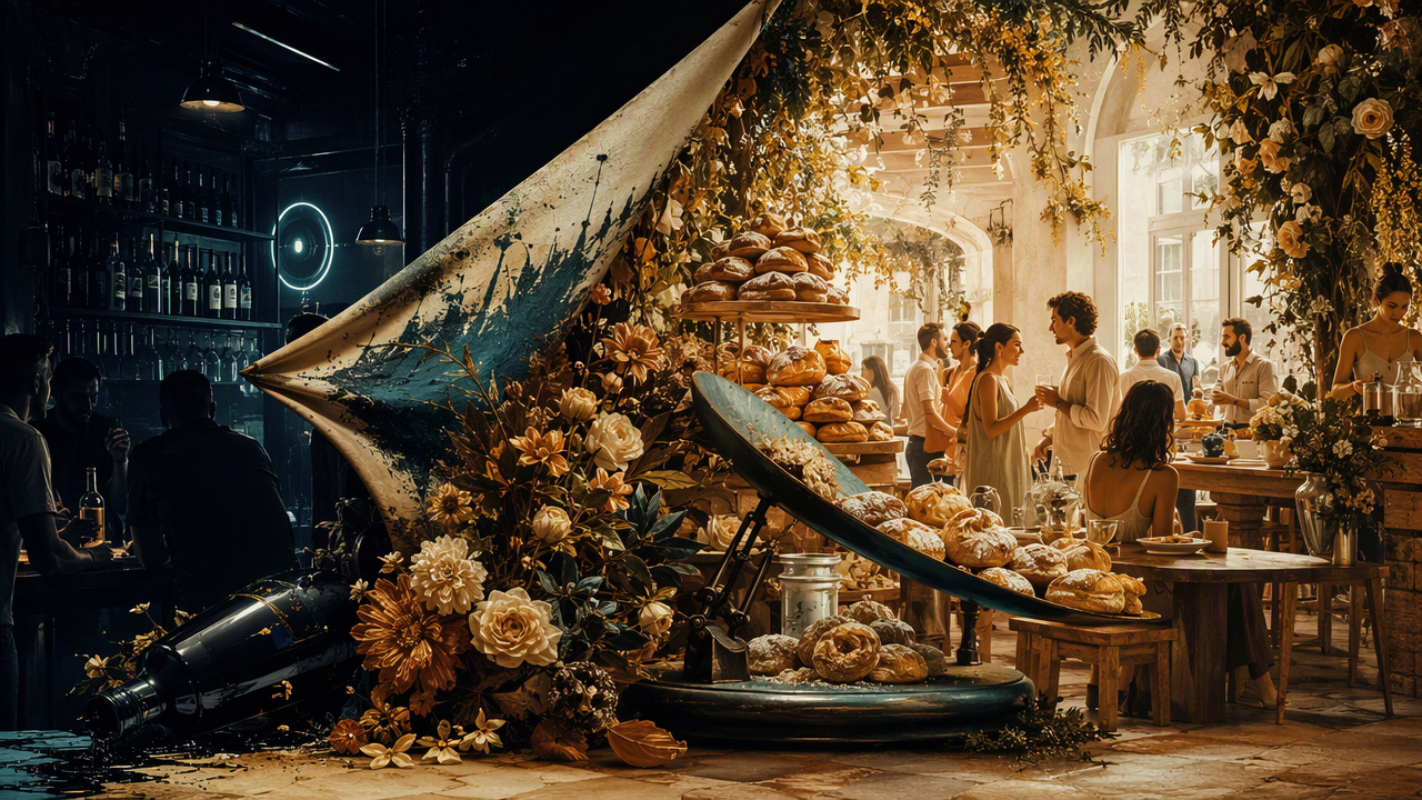 A bar scene peeled back to reveal a flower-filled bakery full of people socialising