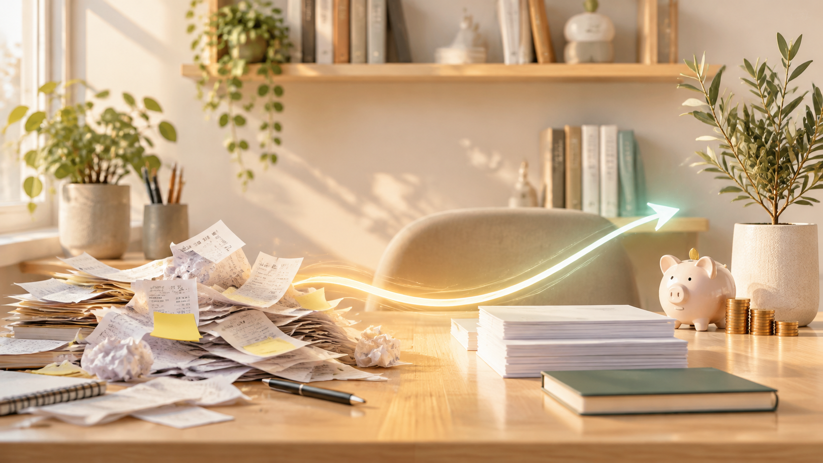 A messy pile of receipts on a desk turning into neat stacks and savings