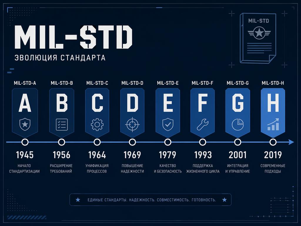 Эволюция стандарта MIL-STD-810 от 1945 года до версии 810H в 2019 году — временная шкала