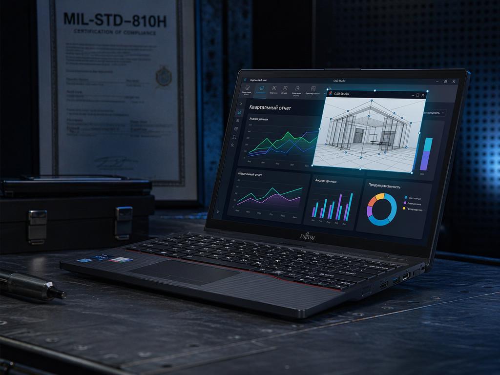 Ноутбук Fujitsu LIFEBOOK на фоне технической документации MIL-STD-810H