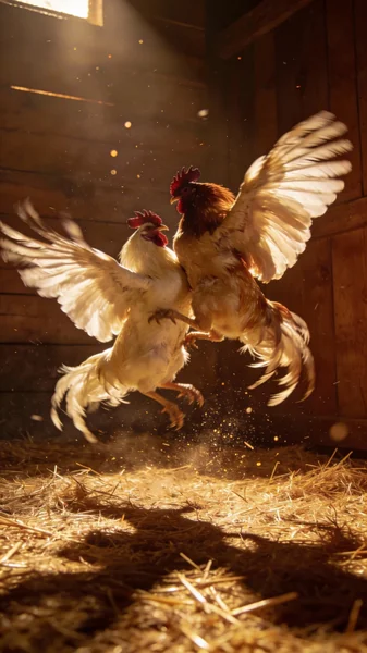 Cinematic editorial photograph inside a wooden chicken coop. Two roosters are caught mid-air in a dramatic confrontation — wings extended, feathers blurred, bodies colliding. The moment feels suspended between violence and choreography. Extreme motion blur on wings, tails, and feathers, while the center mass remains partially sharp. The movement reads like a distorted dance. Warm directional light enters from above, highlighting feathers and dust in the air. Shadows stretch across straw-covered floor. Color